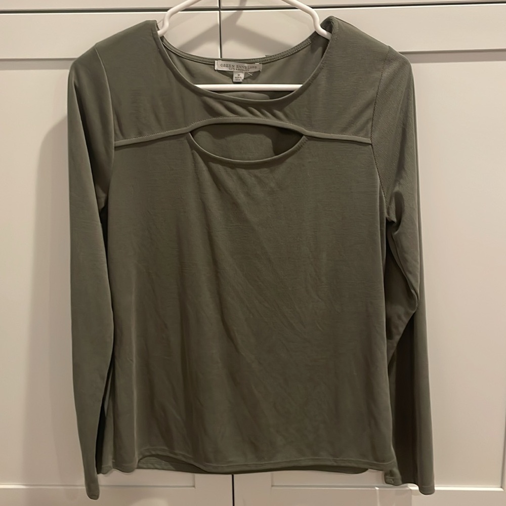 Green Envelope Long Sleeve Shirt Chest‎ Cut Out Ribbed Medium Boho Peep Top